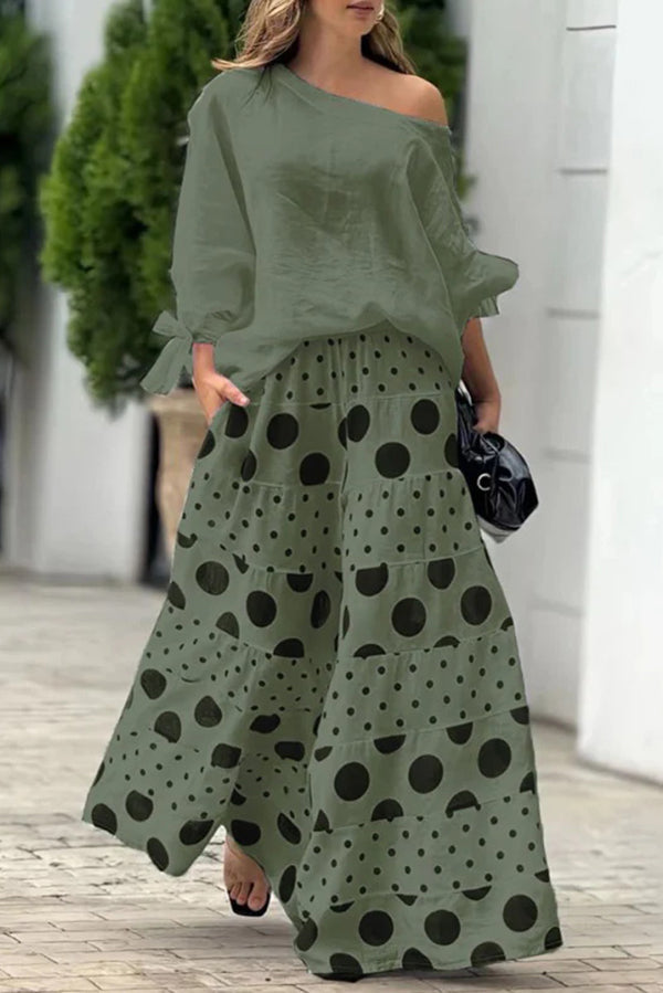 Vyra - Ensemble élégant blouse ample épaules dénudées et pantalon large à pois