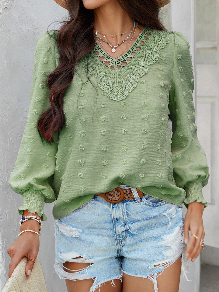 Zailyn - Blouse ample élégante à manches longues avec broderie jacquard et col V