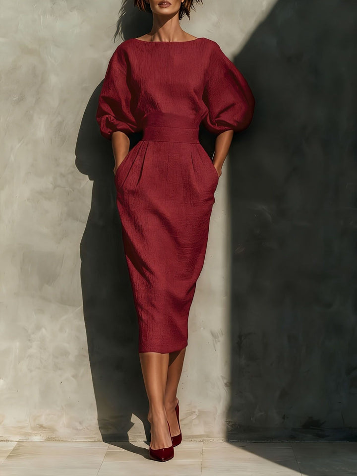 Brielle - Robe midi élégante à col rond avec manches bouffantes