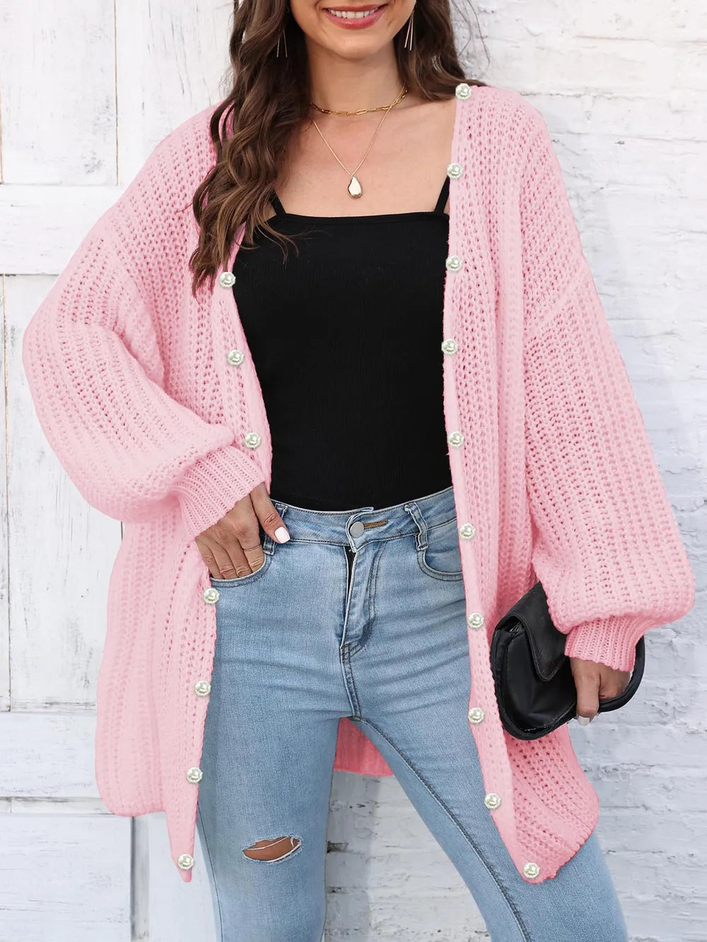 Eunike - Cardigan cosy ample en maille à manches longues et devant ouvert