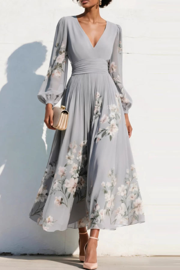 Liza - Robe longue élégante à imprimé floral avec col en V, manches longues et taille ajustée