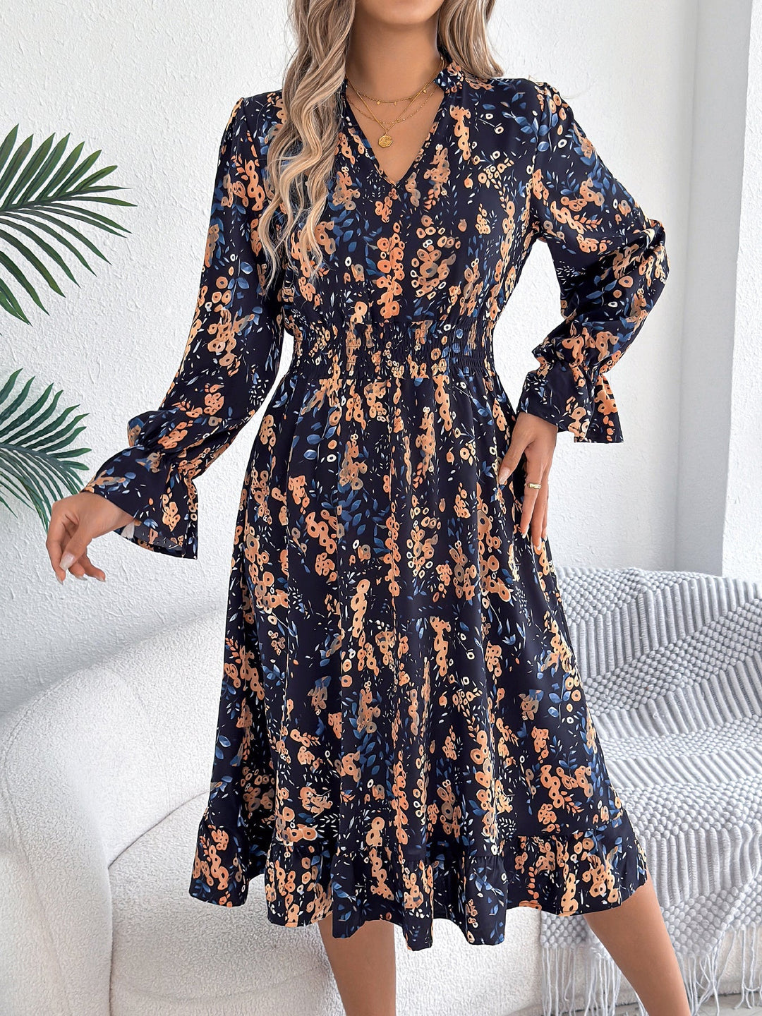 Lyndsey - Robe midi élégante fleurie à manches longues coupe A-line