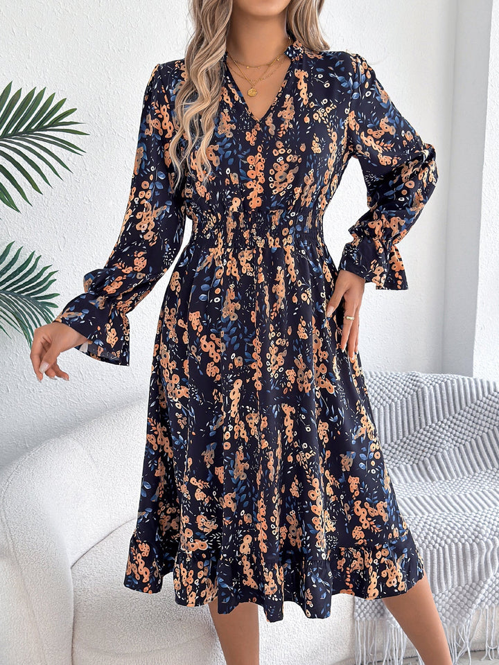 Lyndsey - Robe midi élégante fleurie à manches longues coupe A-line