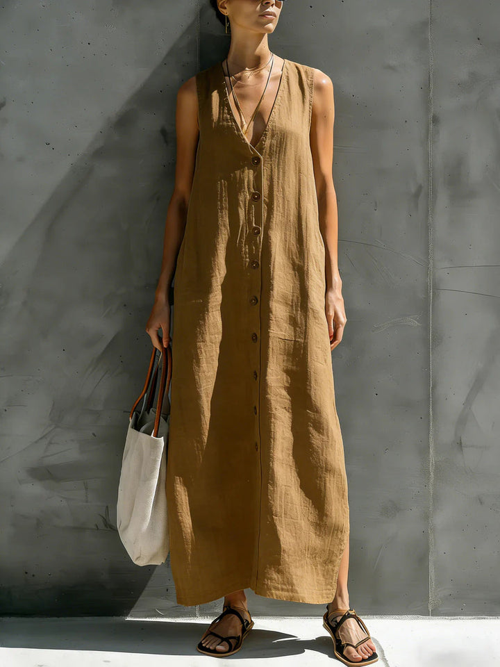 Madeline - Robe longue décontractée ample sans manches à col V boutonné