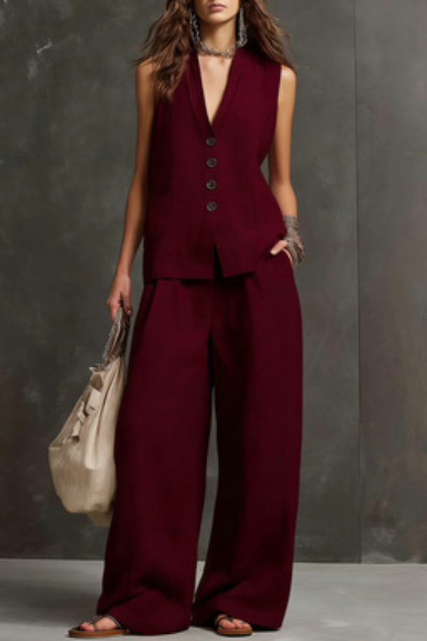 Janela - Ensemble décontracté élégant gilet sans manches à col V boutonné et pantalon large
