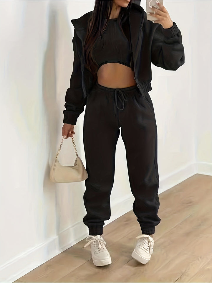 Antonia - Ensemble décontracté élégant avec crop top, veste à capuche et pantalon jogging