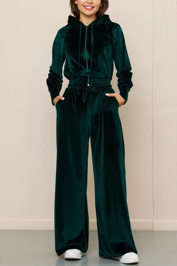 Daleyza - Ensemble élégant en velours avec veste courte zippée à capuche et pantalon droit
