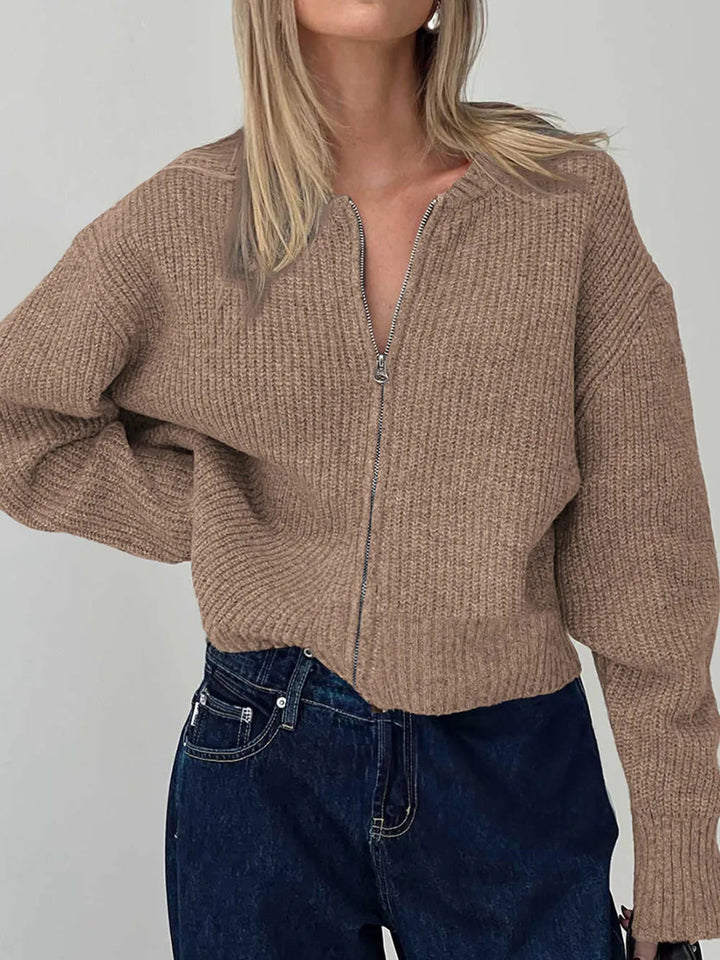 Cathryn - Cardigan décontracté en maille côtelée zippé à manches longues