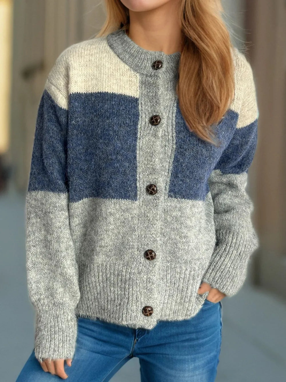 Ysabella - Cardigan décontracté chaud color block col rond boutonné
