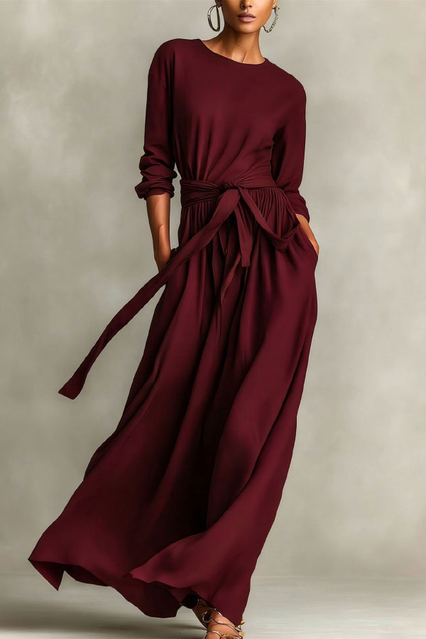 Lainey - Robe maxi décontractée ample à col rond manches longues avec taille nouée
