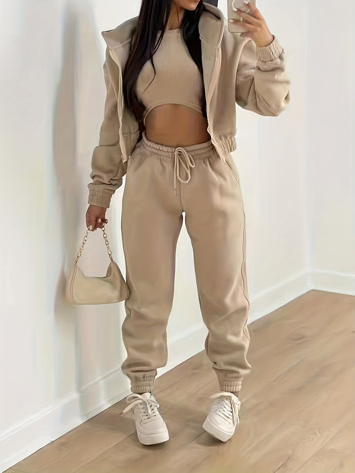 Antonia - Ensemble décontracté élégant avec crop top, veste à capuche et pantalon jogging