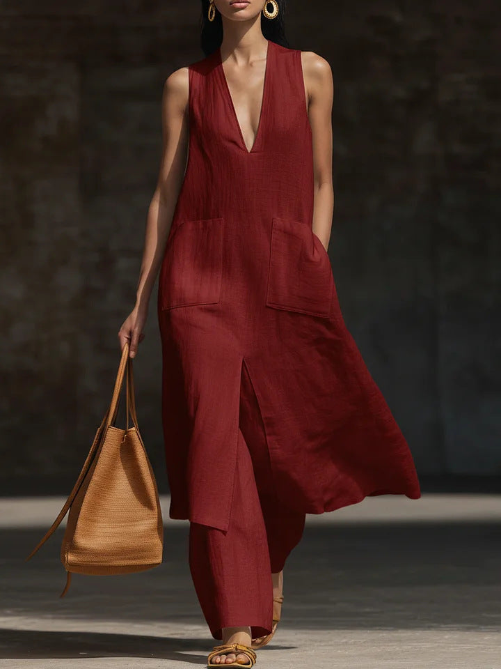 Vania - Ensemble élégant robe ample sans manches à col V avec fente avant et pantalon