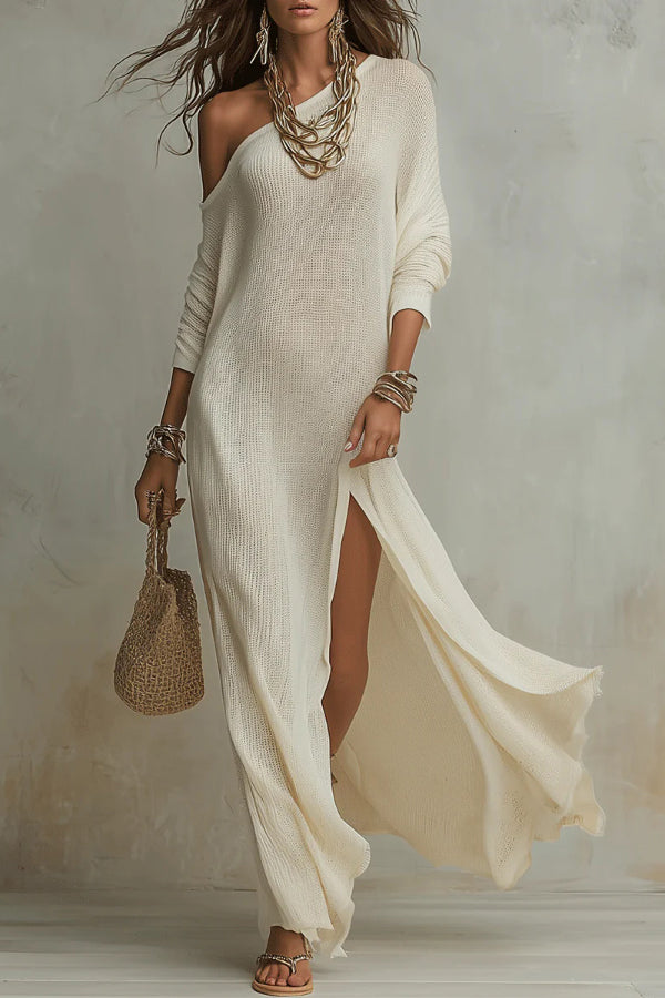 Xylaine - Robe maxi ample à col asymétrique, manches longues et fente