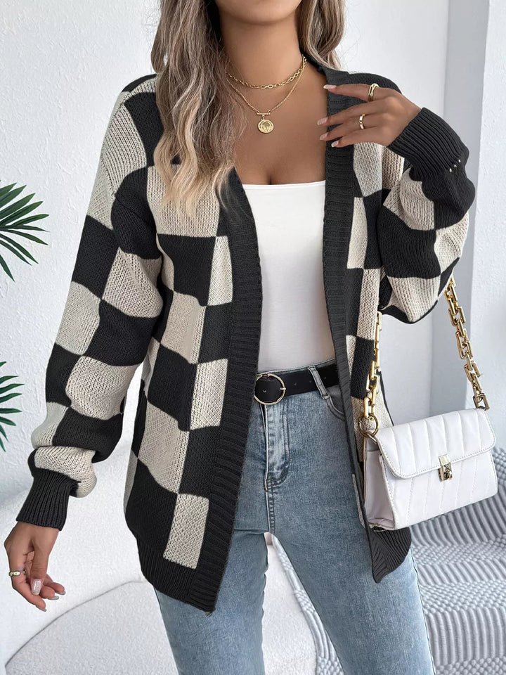 Omelina - Cardigan cosy à motif à carreaux ouvert sur le devant