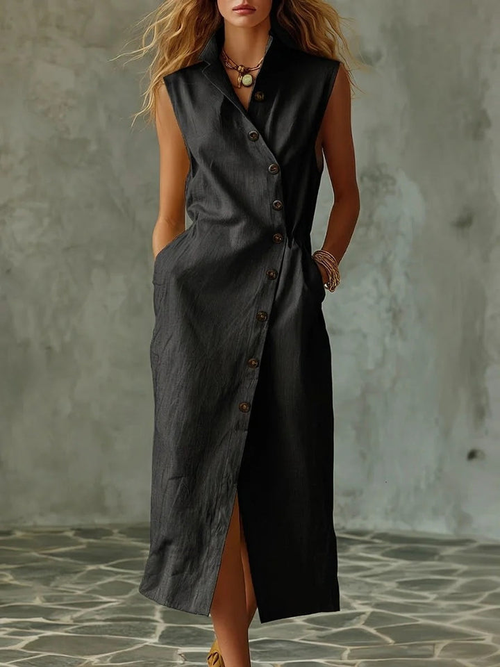 Braelyn - Robe décontractée ample sans manches à col montant et boutons