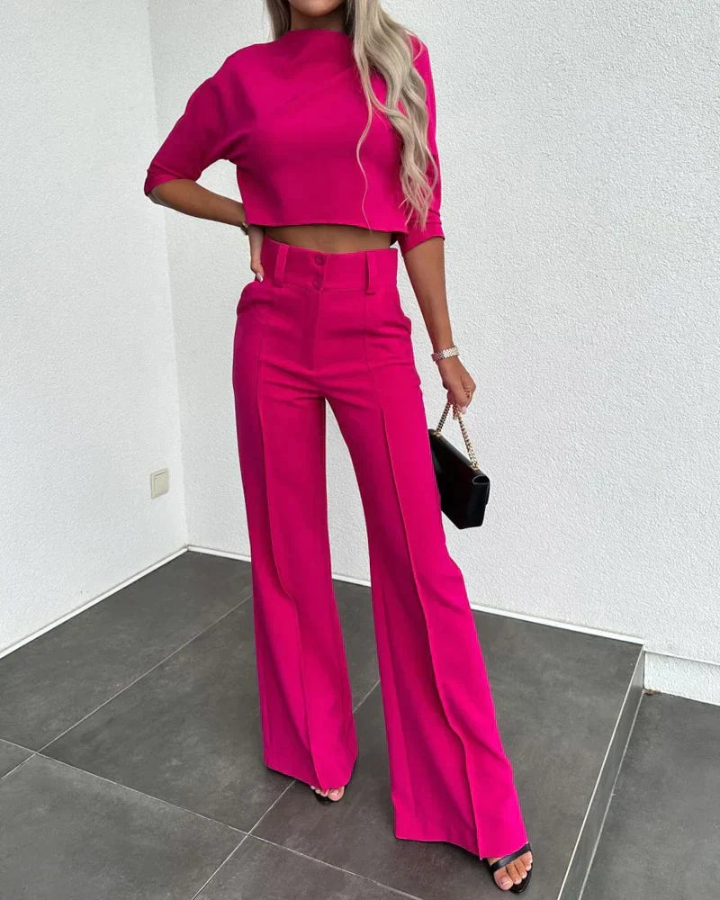 Mercy - Ensemble élégant blouse courte à manches mi-longues et pantalon taille haute
