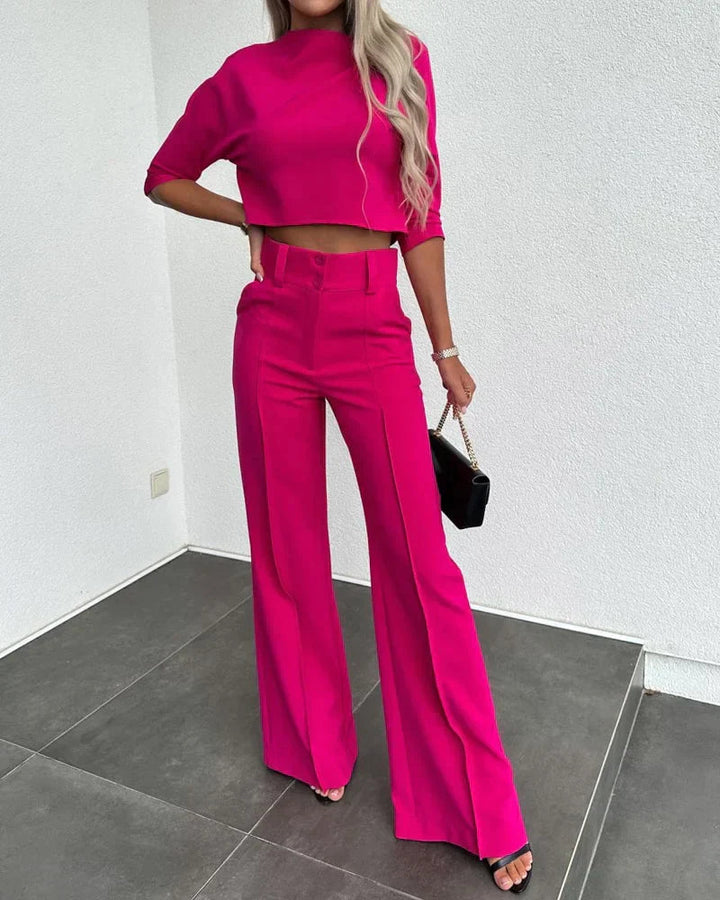 Mercy - Ensemble élégant blouse courte à manches mi-longues et pantalon taille haute