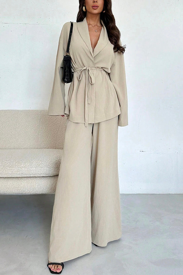 Whilma - Ensemble élégant blouse ample à manches longues avec taille nouée et pantalon large