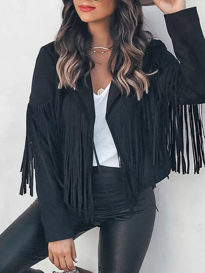 Kandice - Veste Courte Élégante à Franges et Ouverture Frontale