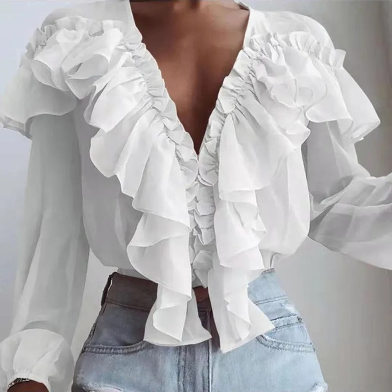 Nychelle - Blouse élégante à manches longues avec volants et col V profond