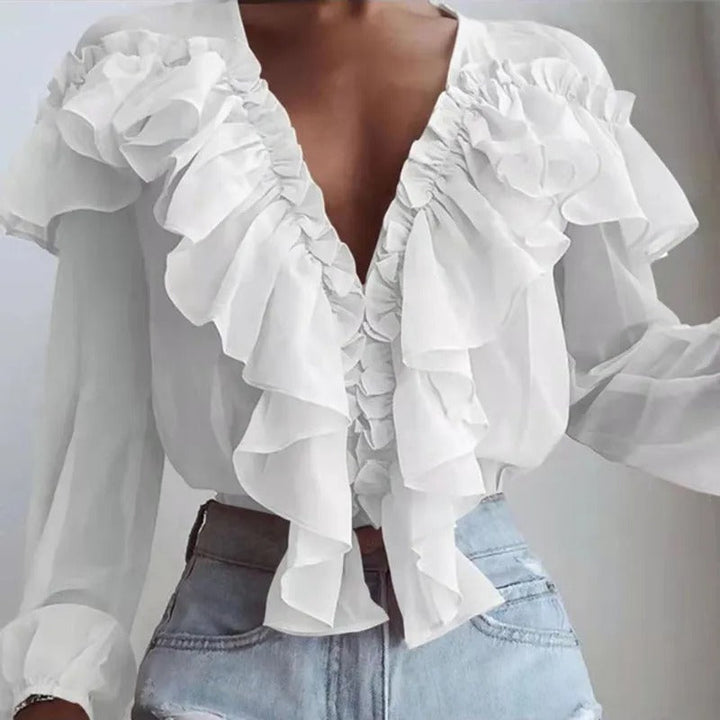 Nychelle - Blouse élégante à manches longues avec volants et col V profond