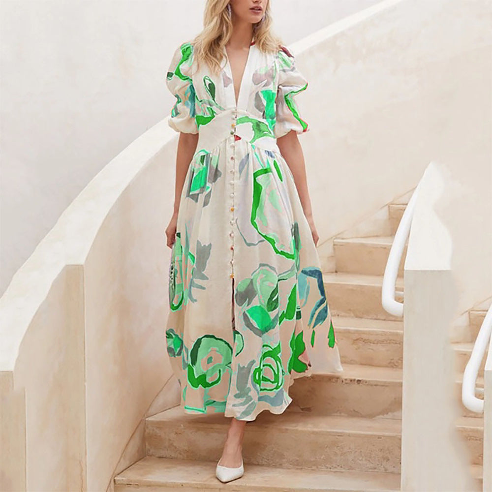Zaynah - Robe longue élégante ample à col V avec imprimé floral