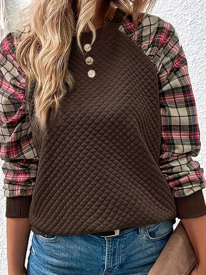 Aireen - Sweat-shirt décontracté à carreaux manches longues col rond
