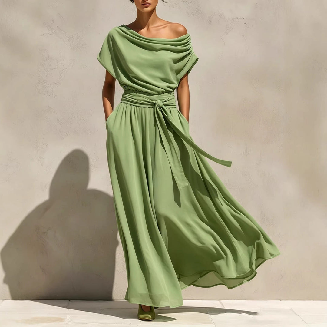 Sophie - Robe élégante à manches courtes et épaules dénudées, cintrée à la taille