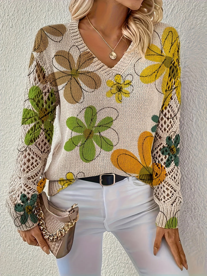 Kacey - Pull tricoté élégant à col V et imprimé floral