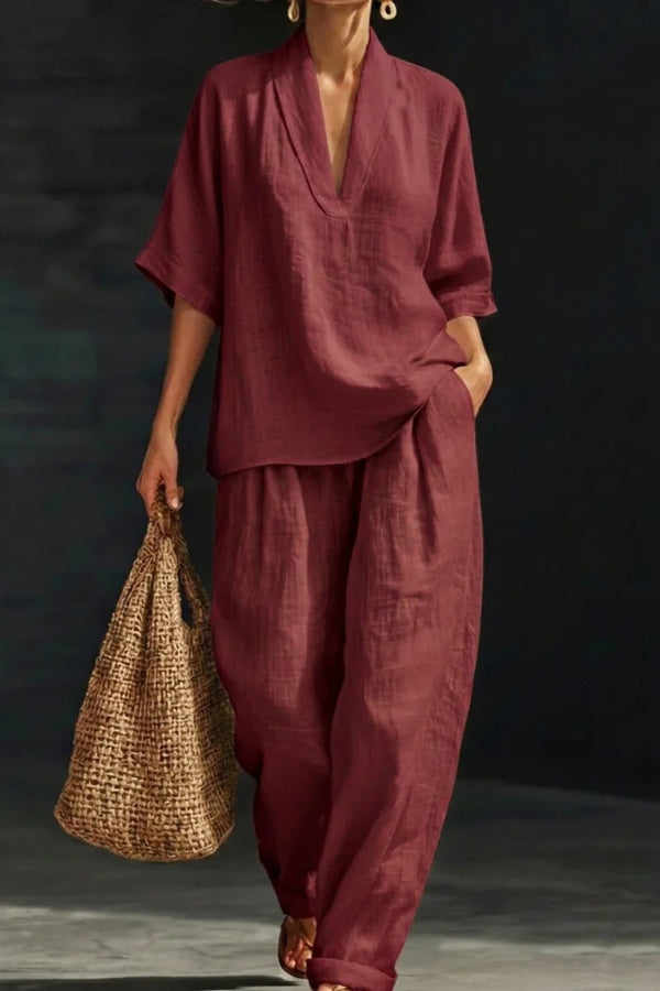 Zafrina - Ensemble décontracté ample avec haut col en V à manches mi-longues et pantalon