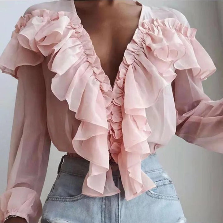 Nychelle - Blouse élégante à manches longues avec volants et col V profond