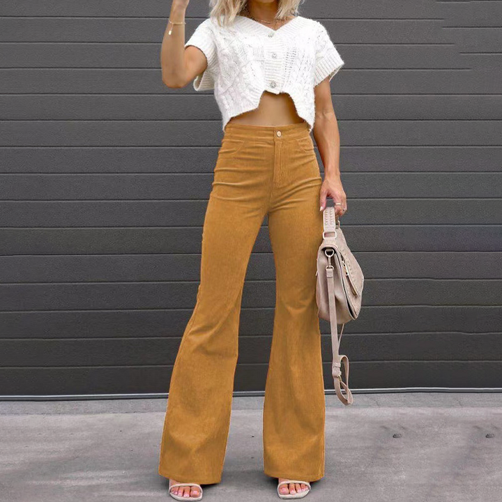 Tifanie - Pantalon évasé taille haute élégant en velours côtelé
