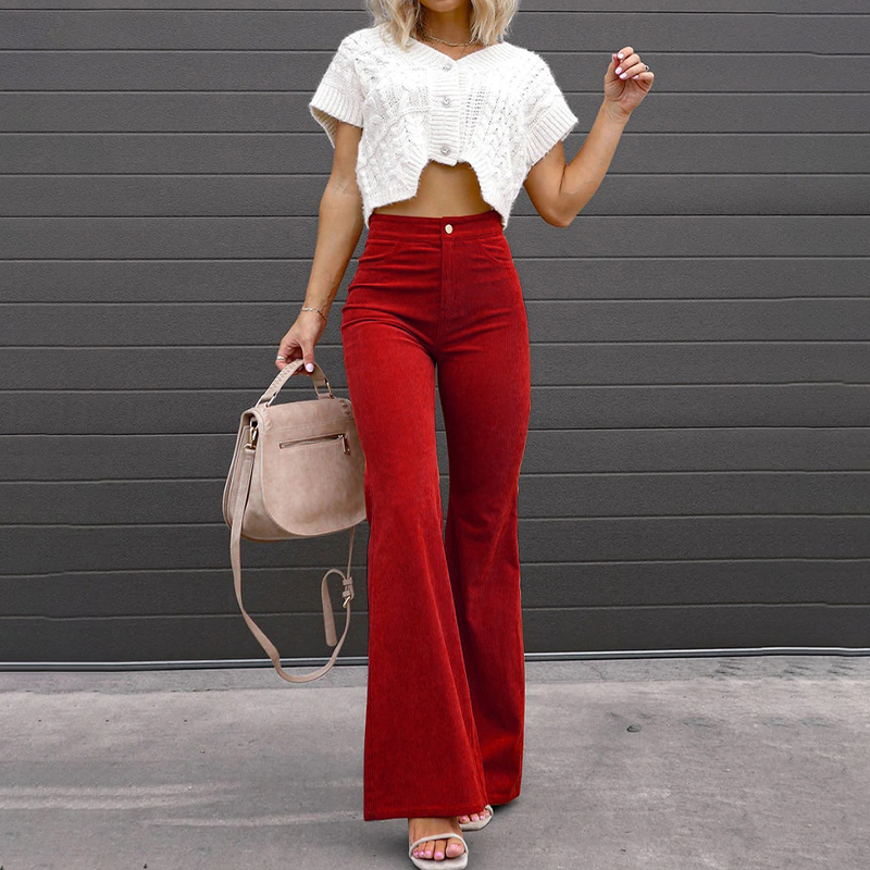 Tifanie - Pantalon évasé taille haute élégant en velours côtelé