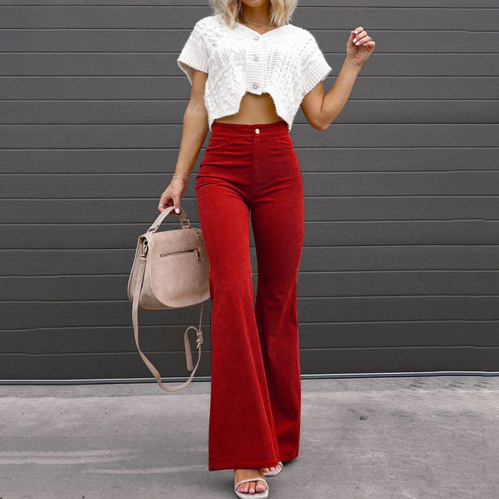 Tifanie - Pantalon évasé taille haute élégant en velours côtelé