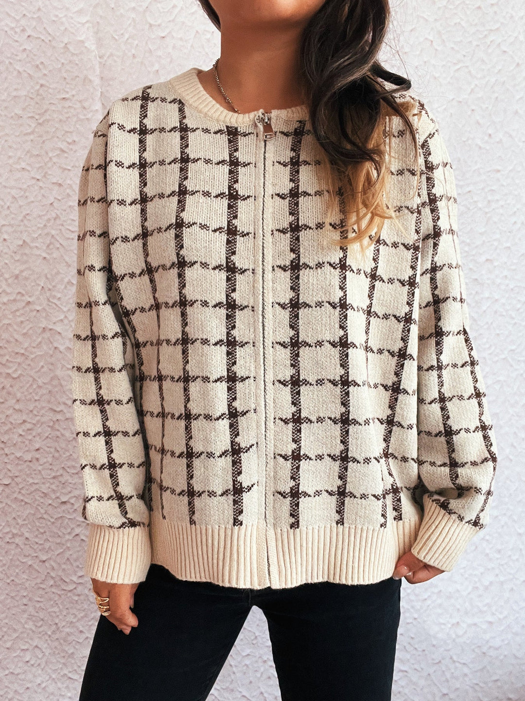 Veronique - Cardigan cosy à carreaux avec fermeture éclair