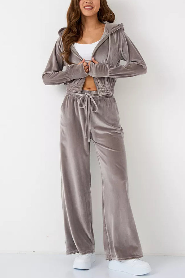 Daleyza - Ensemble élégant en velours avec veste courte zippée à capuche et pantalon droit