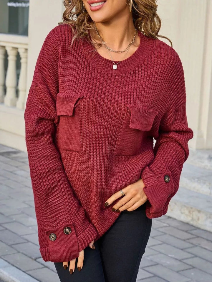 Sylviana - Pull ample et cosy en maille à col rond avec poches poitrine