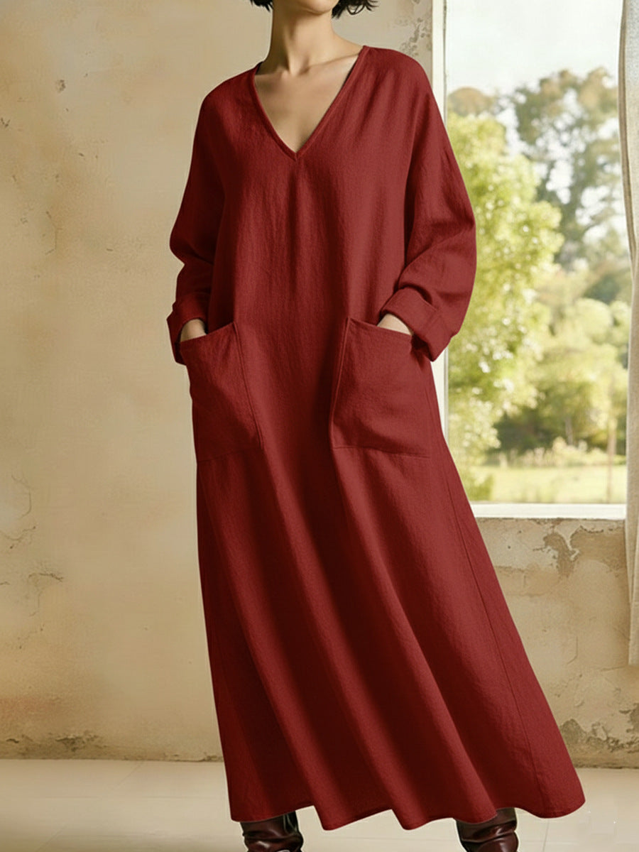 Hyacintha - Robe longue décontractée ample à col V manches longues avec poches