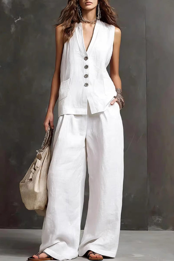 Janela - Ensemble décontracté élégant gilet sans manches à col V boutonné et pantalon large