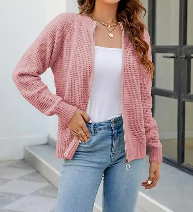 Odette - Cardigan zippé en tricot gaufré stylé