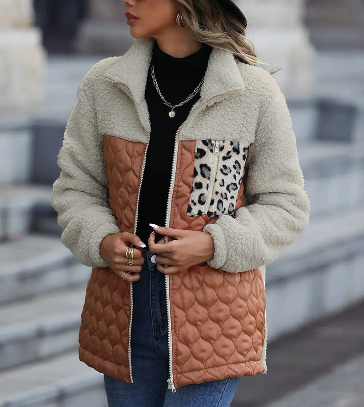 Yvessa - Veste chaude zippée élégante à imprimé léopard color block