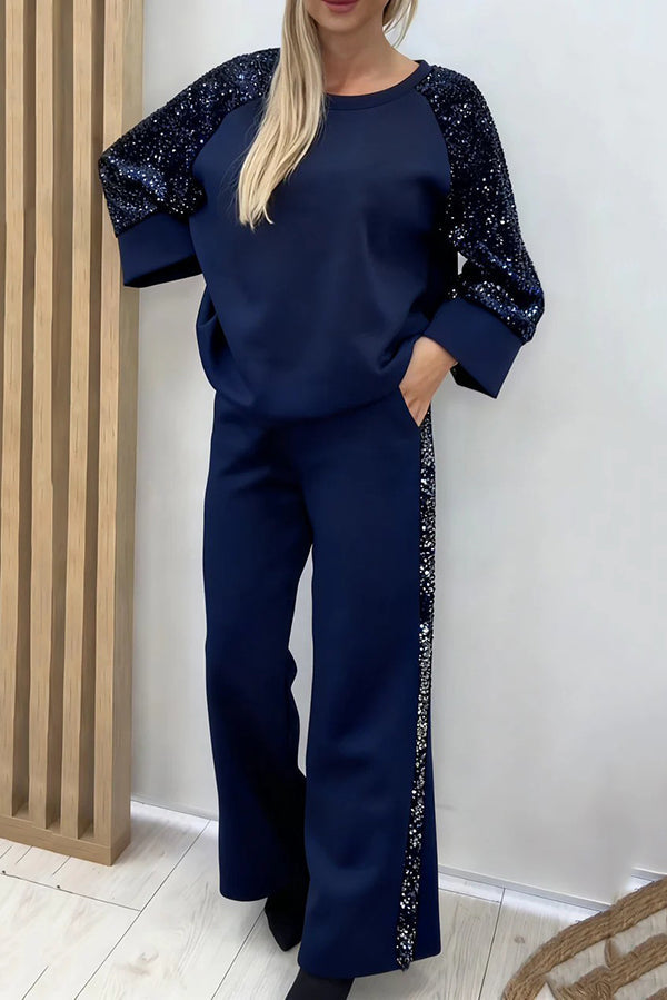 Zianna - Ensemble élégant pull ample à sequins et pantalon large