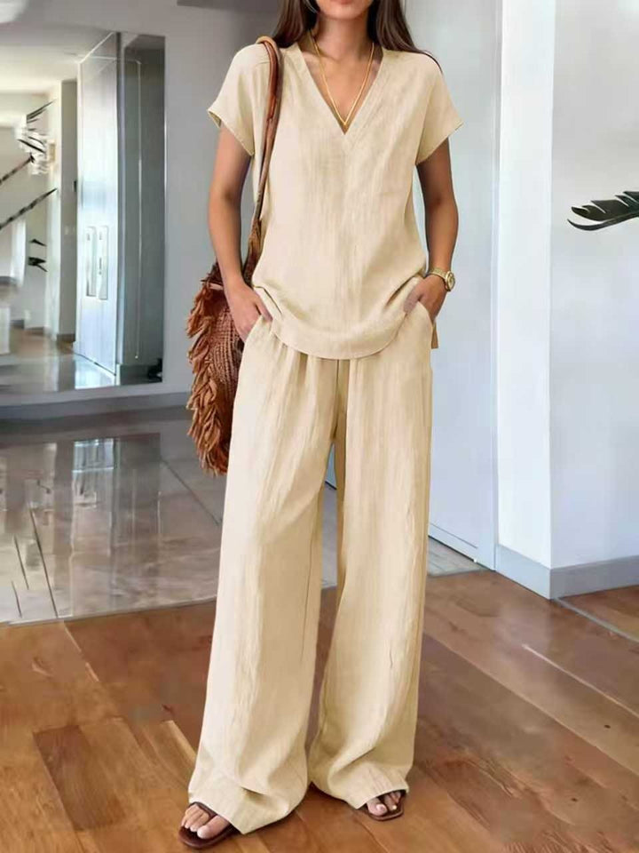 Wildina - Ensemble t-shirt col en V à manches courtes et pantalon large