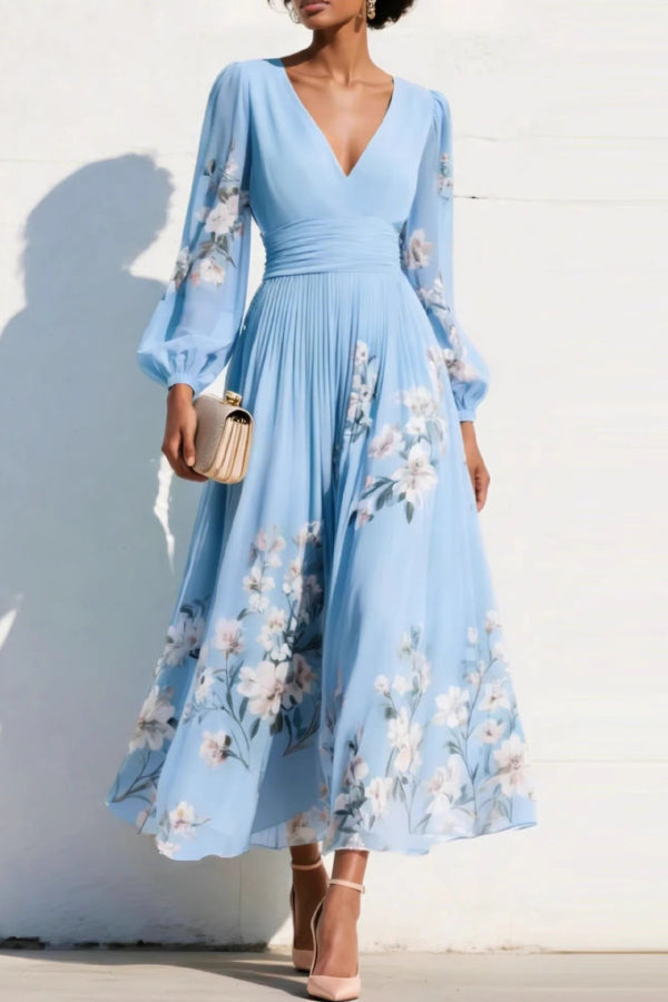 Liza - Robe longue élégante à imprimé floral avec col en V, manches longues et taille ajustée