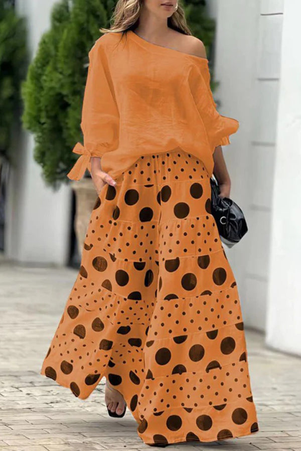 Vyra - Ensemble élégant blouse ample épaules dénudées et pantalon large à pois