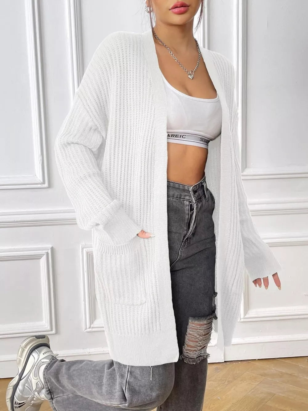Kacy - Cardigan élégant en maille côtelée à épaules tombantes