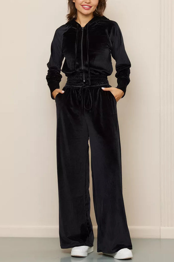 Daleyza - Ensemble élégant en velours avec veste courte zippée à capuche et pantalon droit