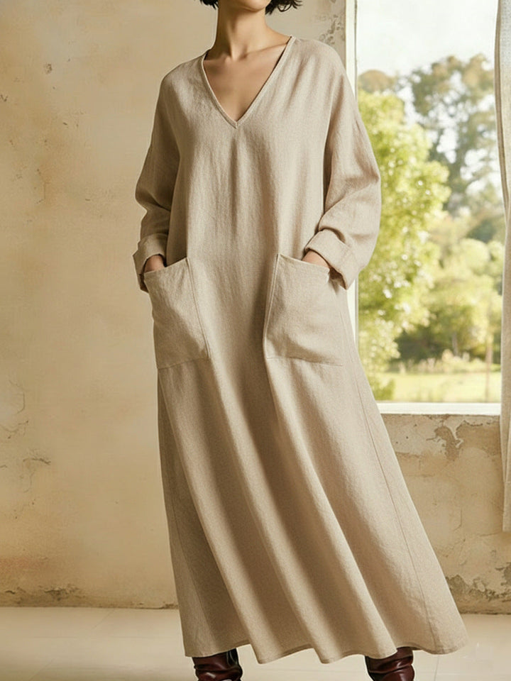 Hyacintha - Robe longue décontractée ample à col V manches longues avec poches
