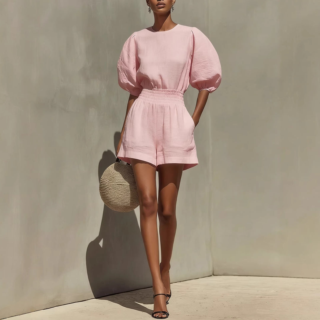 Romane - Ensemble décontracté composé d'une blouse à manches bouffantes et d'un short confortable