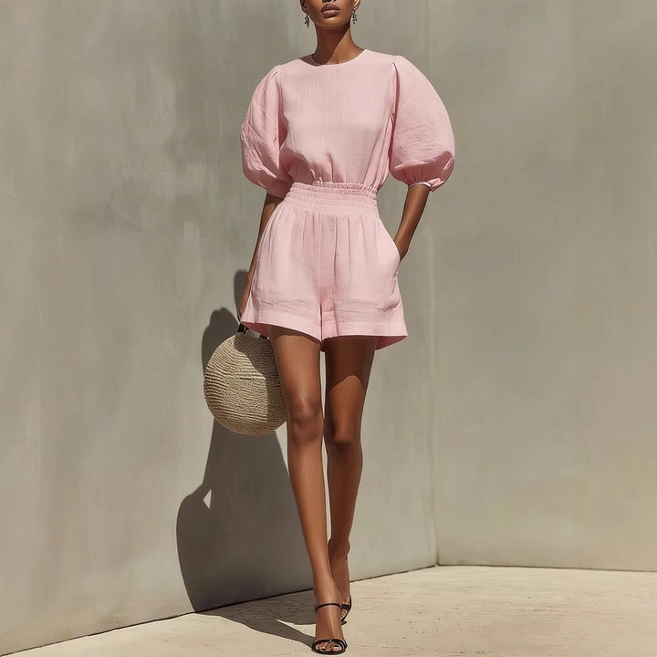 Romane - Ensemble décontracté composé d'une blouse à manches bouffantes et d'un short confortable